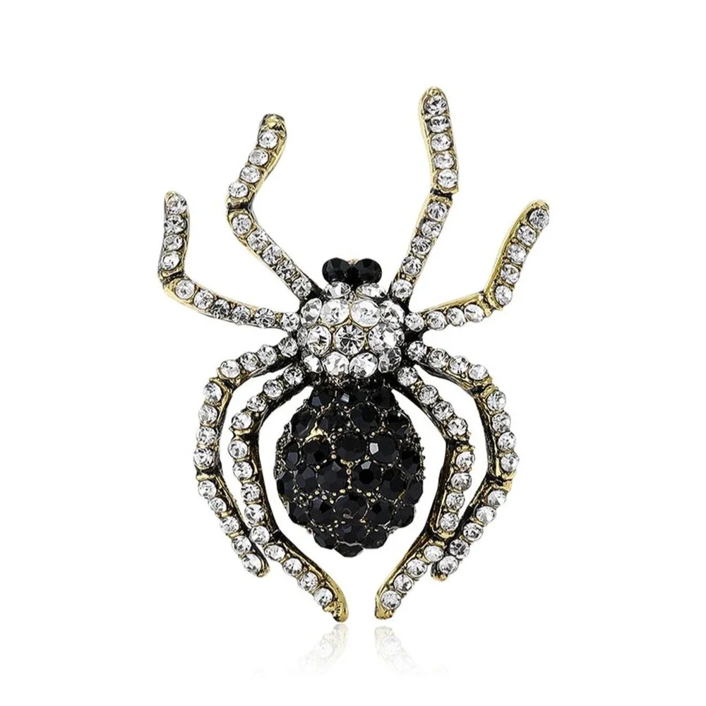 Rhinestone Spider Brooch Black White Gold Gothic Halloween Statement Pin NEW